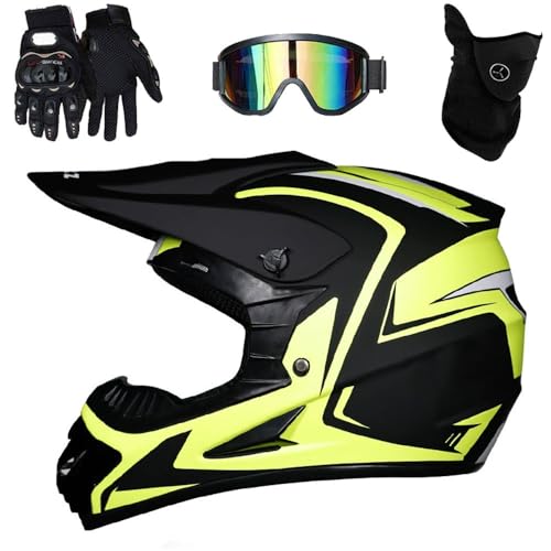 Casco Motocross Niño Dot Homologado, Casco de Moto Infantil Cross Integral Infantil para Mujer Hombre Adultos con Gafas, Guantes, máscara(F4,M(54-55cm))