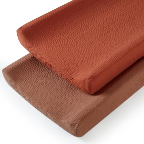 Image of TILLYOU Muslin Changing Pad Cover for Girls Boys, Soft and Breathable Baby Diaper Changing Pad Cover, 2 Pack Caramel&Brown
