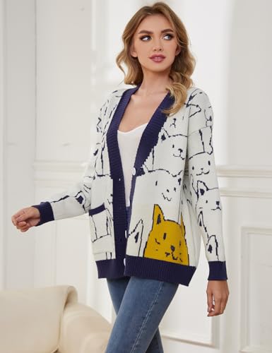 Image of Gihuo Women Cat Sweater Oversized Cute Kawaii Cardigan Knit Graphic V Neck Loose Fit Long Sleeve Cardigan Coat
