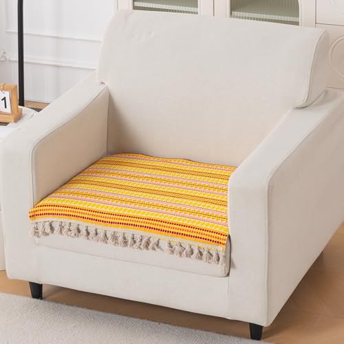 Image of HOKIPO 'Artisan Boho Series' Sofa Cover Mat with Tassel for 1 Seater Sofa | 450 GSM Thick Cotton Acrylic Jacquard Fabric, Mustard Yellow (IN-901-A1*S)
