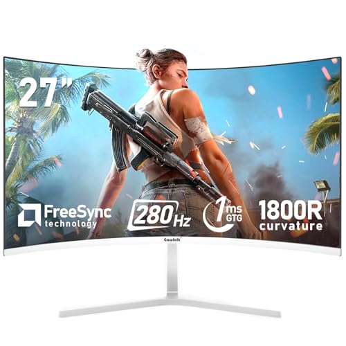 Gawfolk 27 Inch PC Computer Screen,1800R Curved Gaming 280Hz Monitors, FHD 1080p 1ms, Freesync, 98% sRGB,178 ° Angle View HDMI2.0、DisplayPort, Compatible with Wall-Mounted 100 * 100MM-White
