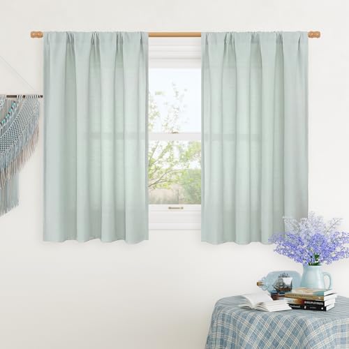 Image of LAMIT 48 Inch Short Window Linen Curtains, Soft Faux Linen Light Filtering Panels Rod Pocket Neutral Drapes for Cafe /Bathroom /Loft Room, Light Blue, 2 Panels, 42 x 48 Inch