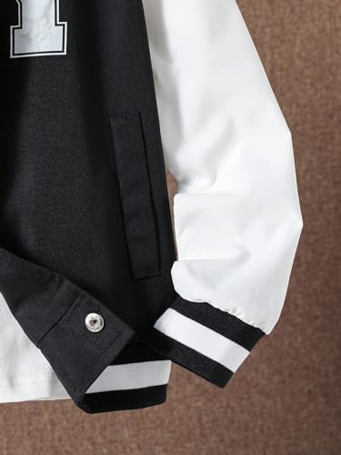 Image of Floerns Boy's Letter Print Colorblock Long Sleeve Varsity Bomber Jacket Without Tee Black and White 9Y