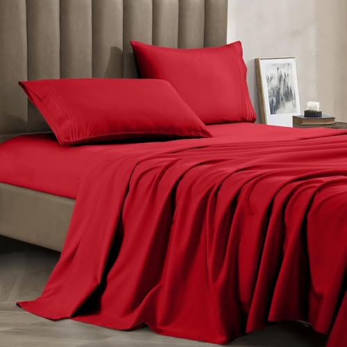 CELINE LINEN Premium 1800 Hotel Quality Wrinkle-Resistant 4-Piece Microfiber Sheet Set - Luxury Ultra Soft and Breathable Bedding 16 Inch Deep Pocket 4PC Sheet Set, Full, Red