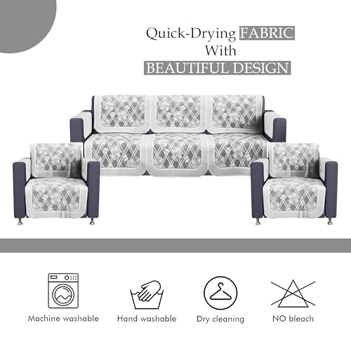 Image of Kuber Industries 5 Seater with Arms Anti Slip Sofa Covers for Home | Decorative Sofa Set Cover for Living Room | Protective Sofa Sheet & Sofa Seat Cover from Spill & Shot | Cross Flower Net - Grey