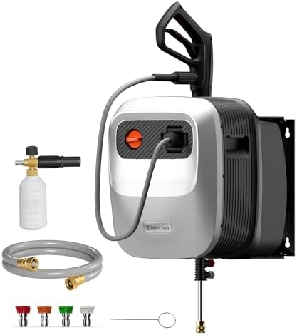 Giraffe Tools 65ft Retractable Pressure Washer Hose Reel - Wall Mount, 3200 PSI, With Adaptors