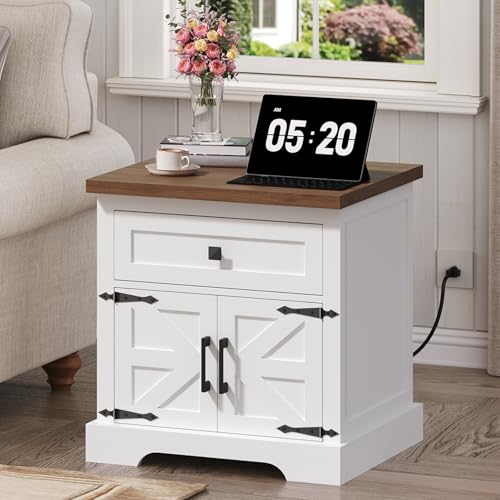 MAHANCRIS Farmhouse End Table with Charging Station, 23.6" Large End Tables Living Room, Sofa Side Table with Barn Door, Wooden Rectangular Nightstand Bedside Table with Drawer, Walnut ETBZ157E01