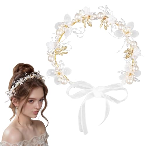 BYETOCE Metallic Floral Flower Crown with Pearl Hair Dress Gold Flowers for Hair Wreath Headpiece Festival Hairband Bridal Accessories for Wedding Fairy Party Photos