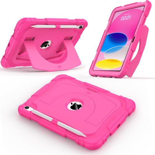 CCMAO Case for iPad 11 inch (A16) 2025/ iPad 10th Generation 2022 (10.9 inch) with Durable Kickstand, Pencil Holder, Hybrid Heavy Duty Shockproof Protective Case for iPad 11/10 Gen, Dark Pink