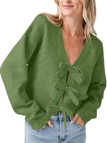 Image of Saodimallsu Womens Bow Sweater Cropped V Neck Long Sleeve Pullover Tops