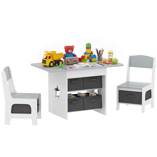 AIYAPLAY Table Enfant avec Chaise, Ensemble Table et 2 chaises Enfant pour Dessiner, Jouer, étudier avec 6 tiroirs Amovibles, pour Fille garçon 3-8 Ans, Gris...