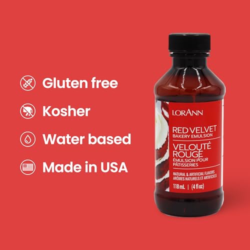 LorAnn Bakery Emulsion Red Velvet Backemulsion Lebensmittelaroma Ideal zum Backen von Kuchen Keksen Plätzchen und für Füllungen wie Zuckerguss und Desserts - 118ml