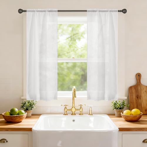 Ystyle Cortinas Translucidas 2 Piezas, 70x120 CM, Cortinas Cortas para Ventanas con Rod Bolsillo, Visillos Ventanas con Aspecto De Lino, Modernas Decorativos para Salón Habitación, Blanco