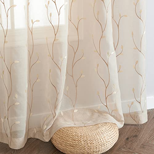 Jinchan Sheer Curtains For Bedroom 84 Inch Length Floral Embroidered Sheers For Living Room Embroidery Voile Grommet Window Curtain 2 Panels Beige #TOP6