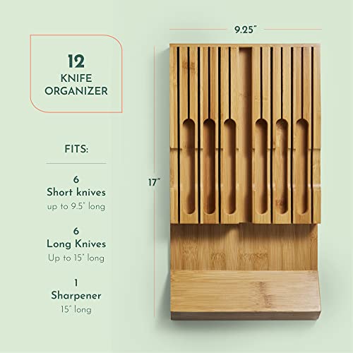 High-Grade 100% Bamboo Knife Drawer Organizer - 12 Knife Slots Plus A Sharpener Slot, Knife Organizer For Kitchen Organization, Durable, Secured, Practical, Eco-Friendly, Knife Block Without Knives. #TOP5