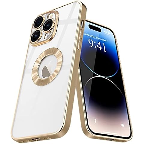 Pepmune for iPhone 14 Pro Max Case Clear, Logo View Design with Camera Lens Protection Luxury Plating Bumper Shockproof TPU Back Cover Soft Slim Phone Cases,Gold Cover