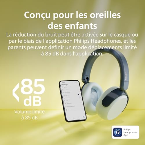 Philips TAK5500RT série 5500 Casque Supra-aural Pliable sans Fil Bluetooth 5.4 à réduction de Bruit pour Enfants, 34 Heures d’autonomie avec ANC, Volume limité, Partage Audio, câble USB-C Inclus