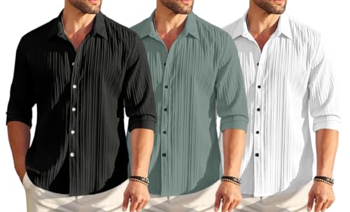 Image of FINIVO FASHION Combo of Men's Casual Cotton Plain Button Down Shirt Long Sleeve Textured Summer Beach Shirt for Men Pack of 3