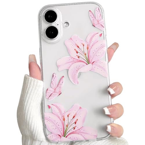 NITITOP Compatible with iPhone 16 Case Clear Cute Butterfly Lily Flower Floral Pattern for Women Girls Full Camera Lens Clear Slim Shockproof Protective Phone Cover - Pink