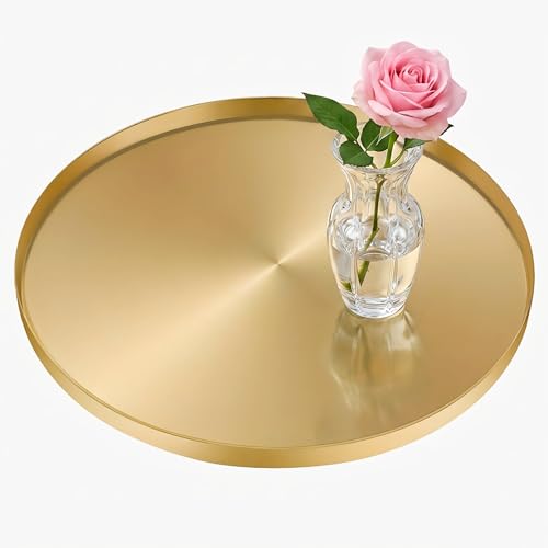 Image of 40cm Large Round Gold Serving Tray, Decorative Golden Coffee Bar Tray, Circle Serving Platter Stainless Steel Storage Organizer Trays for Jewelry, Makeup, Cosmetics, Candle, Drinks
