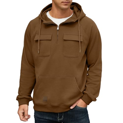 Lepunuo Mens Hoodie Quarter Zip Sweatshirts Cargo Tactical Pullover Casual Gym Athletic Loose Hooded Sweatshirts Brown