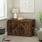 Furinno PELI Cat Litter Box Enclosure, Farmhouse Hidden Litter Box Furniture with Side Entrance, Wooden Pet House with 2 Slatted Doors, Easy Assembly, for Living Room, Rustic Brown