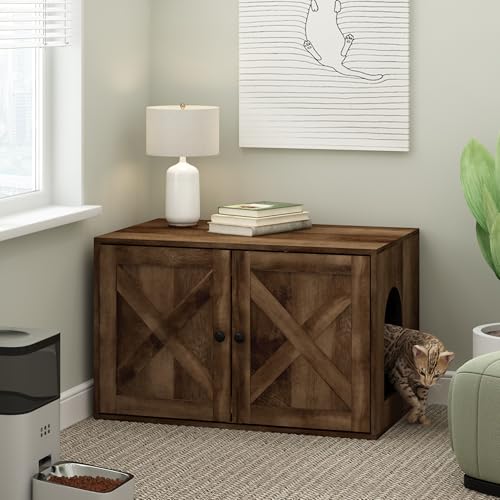 Furinno PELI Cat Litter Box Enclosure, Farmhouse Hidden Litter Box Furniture with Side Entrance, Wooden Pet House with 2 Slatted Doors, Easy Assembly, for Living Room, Rustic Brown