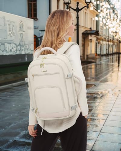 Image of LOVEVOOK Travel Backpack For Women, 40L Carry On Backpack Flight Approved, TSA Personal Item Backpack Fits 17 Inch Laptop, Business Weekender Overnight Waterproof Daypack With 2 Packing Cubes, Beige