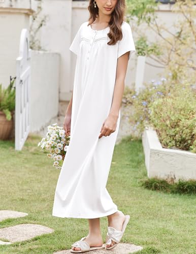 Ekouaer Nightgown for Women Cotton Long Night Gown Short Sleeve Nightdress with Pockets Button Sleepshirt Soft Sleepwear3