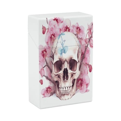 Étui à cigarettes étanche en plastique avec tête de mort humaine et fleurs roses - Boîte à cigarettes rétro - Cadeau idéal pour fumeur - Capacité de 20