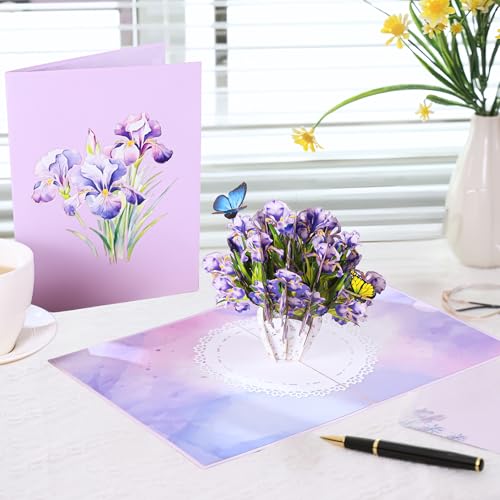 Image of Iris Bouquet Flowers 3D Pop Up Birthday Card for Women, Wife, 6x8 in