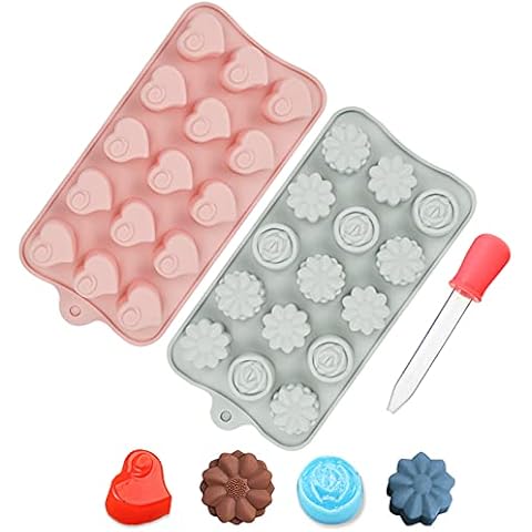 JUSONEY Silicone Moulds for Wax Melts - 2 PCS Cute Flower and Heart Silicone Molds with Dropper - Non-Stick Food Grade Silicone Mould for Chocolate Cookie, Candy, Cake, Ice Cube, Jelly Cover