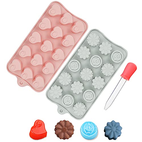 JUSONEY Silicone Moulds for Wax Melts - 2 PCS Cute Flower and Heart Silicone Molds with Dropper - Non-Stick Food Grade Silicone Mould for Chocolate Cookie Candy Cake Ice Cube Jelly