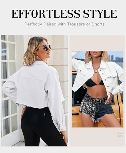 LONGYIDA Women's Cropped Denim Jacket | Distressed Button-Down Jean Jacket | Long Sleeve Ripped & Frayed Blue Coat4