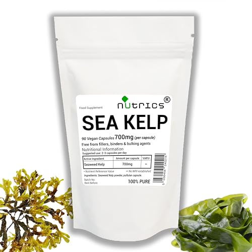 Nutrics® Seaweed KELP 700mg x 90 V Capsules Natural Iodine - 100% Pure - Free from fillers, Binders & Bulking Agents - Suitable for Vegan Vegetarian
