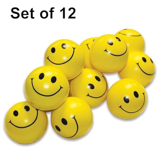 Rehabilitation Advantage 12-Pack Firm Yellow Smiley Ball Hand Exercisers. Grip Strength Therapy, Stress and Recovery Aid.