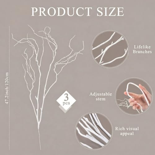 Image of Norme 3 Pcs 47.2 Inch Lifelike Curly Willow Branches for Vases Artificial Decorative Dried Twigs Tall Plastic Vine Bendable Stick for DIY Plant Crafts Farmhouse Wedding Indoor Home Hotel Decor(White)