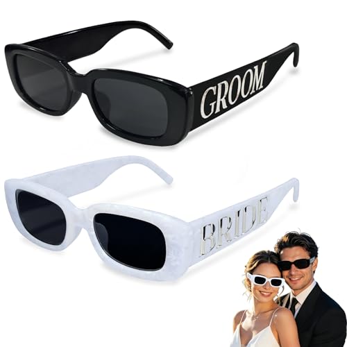MIUSKATL 2 Pcs Bride and Groom Sunglasses Set Marble Wedding Glasses for Couple Engagement Bachelorette Bridal Party Gift (White Black)