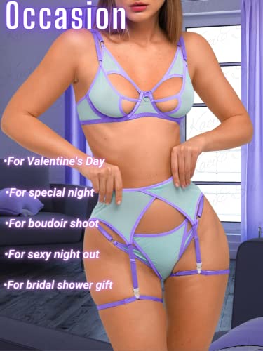 Kaei&Shi Garter Lingerie For Women, Contrast Color Strappy Cutout Sheer Mesh Sexy Lingerie, Underwire Double Layer Elastic Thong Thigh Strap Belt 4 Piece Lingerie Set Boudoir Seafoam Green Medium #TOP5