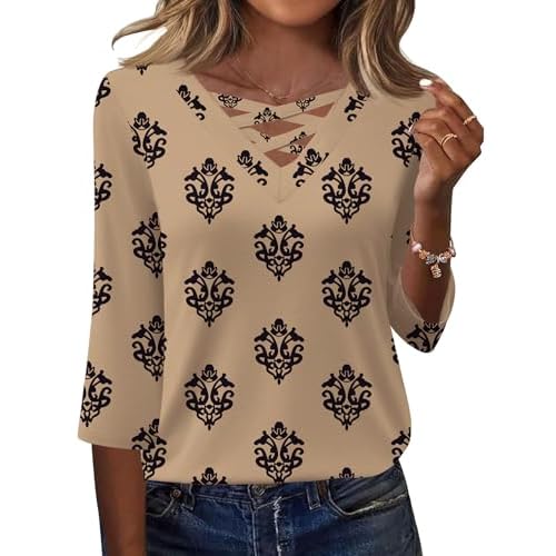 Rapbin Women Blouses Dressy Casual Spring Tops 3/4 Length Sleeve Womens T Shirts V Neck Criss Cross Tees Dark Khaki Floral Small
