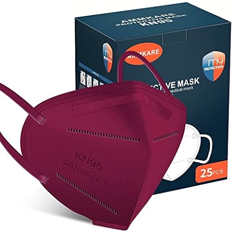 ammkare KN95 Face Masks 25 PCS for Adults 5-Ply Breathable and Comfortable Filter Safety Mask for Women Men Burgundy Cover