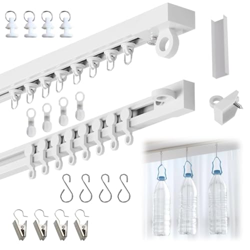 Genérico Riel Cortina Techo Autoadhesivo Barra de Cortina Pared Sin Taladrar Rieles para Cortinas Fácil de Instalar con Clips y Ganchos 50cm-500cm Blanco para RV Baño(150cm/4.9ft)