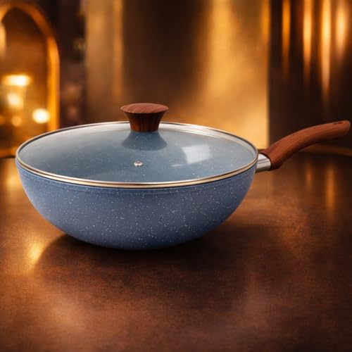 Frigideira Wok Verona com Indução e Revestimento Cerâmico e Tampa de Vidro Funda Antiaderente com Tampa, 28 cm 4.3 Litros, Alumínio 2.3 mm Cabo Baquelite Antitérmico Livre de PFOA (Azul)