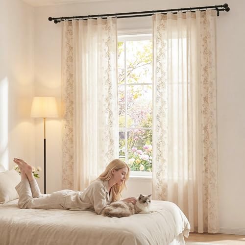 Image of jinchan Floral Linen Curtains, Back Tab 50x84 Inch, 2 Panels Beige