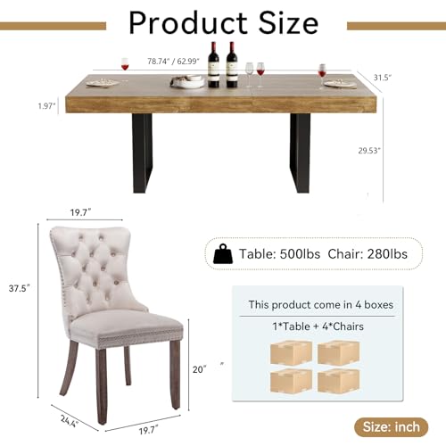 Image of Brown Dining Room Table Set for 4, 5-Piece 63 inch-78.74 inch Extendable Dining Table Set with 4 Upholstered Chairs, Rectangle Wooden Expanding Kitchen Table and Beige Chairs Set