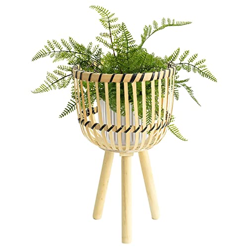 Gusengo Taburete de Madera para Plantas | Soportes para Plantas de Cesta de macetas Tejidas a Mano para Plantas de Interior,Maceta Tejida con Patas de Madera, Taburete de Jardinera Elevado Cesta