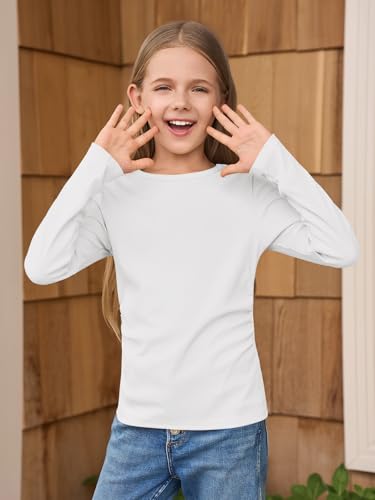 Image of Haloumoning Girls Long Sleeve Shirts Crewneck Ruched Side Slim Fit Tops Ribbed Knit Casual Tee Shirt 4-15 Years