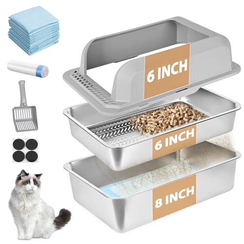 Edelstahl-Wurfkiste, XXL-Sieb-Wurfkiste für Kiefernpellets, Hochseiten-Metall-Wurfkastensystem für Großkatzen mit Kunststoffschaufel &10 Urinpads (8 Inch)