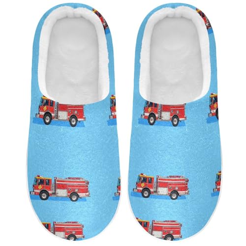 JUNZAN Fire Fighting Truck Royal Blue Women Cotton Slippers Soft Memory Foam Ladies Slippers for Hotel Funny Presents 6-7