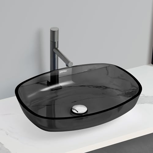 Image of Plantex Glass Basin For Bathroom /Tabletop Wash Basin /Luxury Countertop Sink For Home /Office /Hotel (21 X 16 X 4 Inch - Black)
